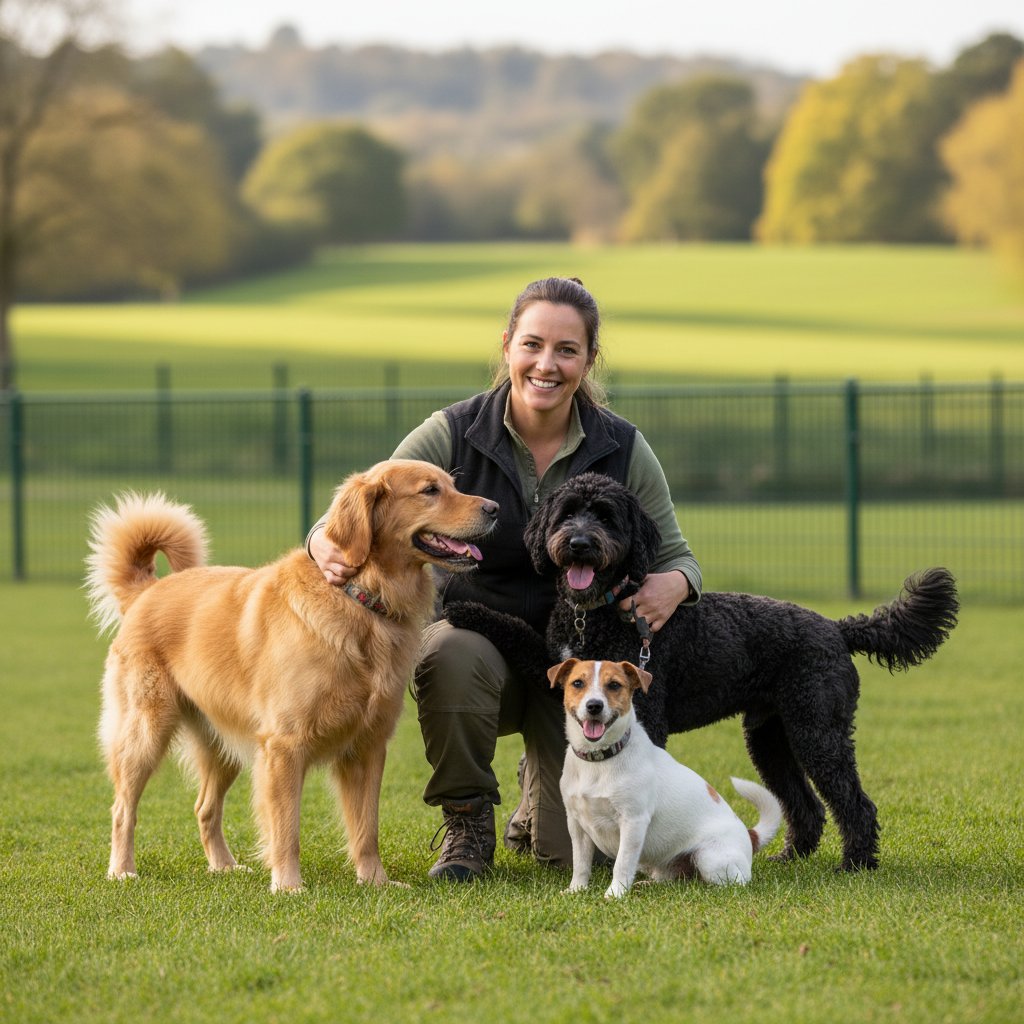 Professional dog walker with dogs in London park