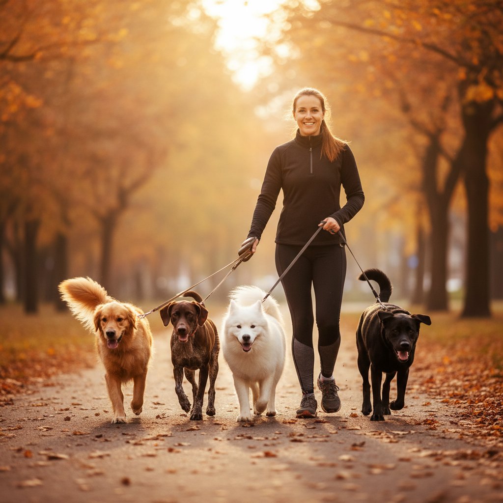 Professional dog walker with happy dogs in London park